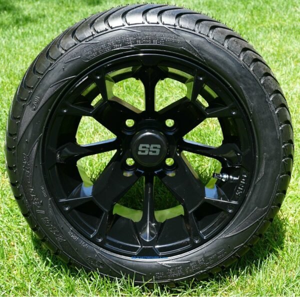 12″ BLACKJACK GLOSS BLACK ALUMINUM WHEELS LOW PROFILE DOT TIRES COMBO For Sale now at theebikesstore.com